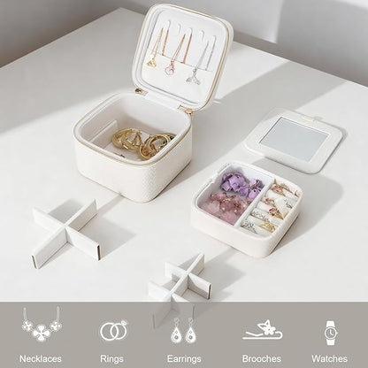 DesignSter Travel Jewelry Case for Woman, Small Travel Jewelry Box with Mirror,4.72×4.72×3.54 inches,Portable Design Travel Jewelry Organizer,Double Headed Zipper