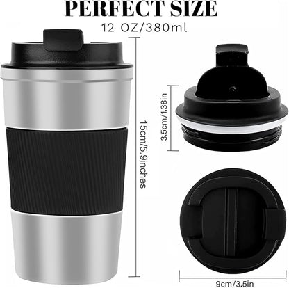 YINBAOGE Insulated Travel Coffee Mug, Spill & Leak Proof, Portable To Go Camping Stainless Steel Coffee Tumbler, Reusable Thermal Coffee Cup with Lid for Hot & Cold Drinks(Silver black, 12 OZ)