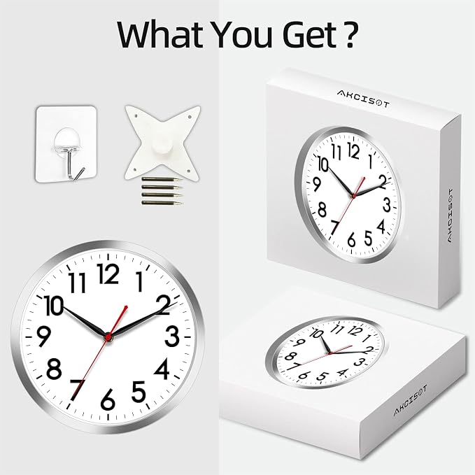 AKCISOT Wall Clock 12 Inch Silent Wall Clocks Battery Operated Non Ticking - Modern Silver Clock Decorative for Kitchen, Bathroom, Bedroom, Living Room, Office, Home