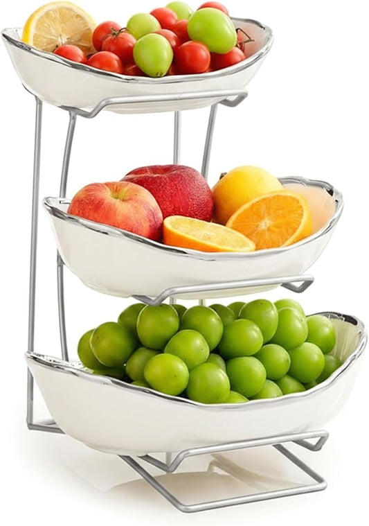 MEIGLQEA Gold Silver Fruit Bowl with Metal Stand, 3 Tier Ceramic White Fruit Bowl Fruit Rack for Kitchen Counter, Tiered Fruit Basket for Snacks Bread Candy Storage (White B (Smooth Surface))