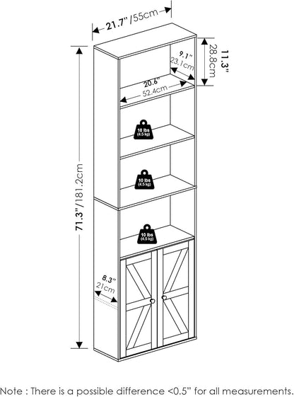 Furinno Jensen Book Shelf, 6-Tier Farmhouse Bookshelf, Display Bookcase with Doors, 9.2" x 21.6" x 71.2", for Organization and Storage, for Living Room, Bedroom, Home Office, Amber Pine