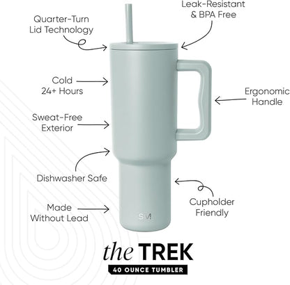 Simple Modern 40 oz Trek Tumbler with Handle and Straw Lid | Cup Holder Friendly Insulated Stainless Steel Travel Mug | Sea Glass Sage