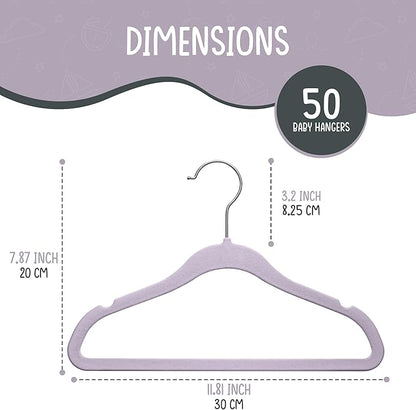 50 Premium Velvet Baby Hangers 11.8" Inch Non-Slip Infant, Ultra Slim Space-Saving Children Closet Hangers, 360° Swivel Hook, Strong & Durable Baby Toddler Kids Clothes Hanger, Purple