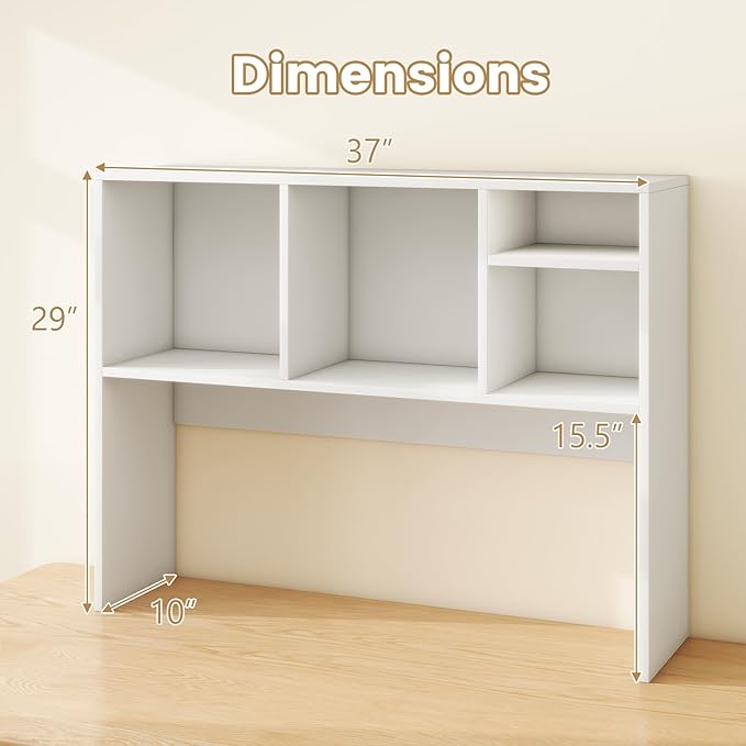 Desk Hutch, Desktop Shelf with 4 Shelves, Desk Bookshelf w/Anti-Toppling Devices, Wood Table Top Bookshelf Organizer, Small Desk Shelf for Study, Office, Dorm (White, 4 Shelves)