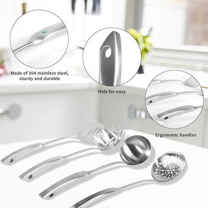 Newness 4 Pcs Cooking Utensils Set, 304 Stainless Steel Kitchen Utensils Set, Metal Kitchen Accessories, Include Soup Ladle, Slotted Skimmer Spoon, Spaghetti Spoon and Spatula, Dishwasher Safe