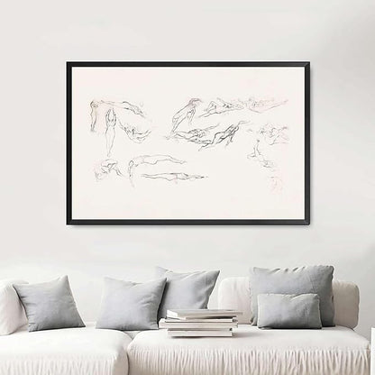 SENLYCH Canvas Painting Wall Mural Print Vintage Swimmer Art Sketch Beachy Wall Art Summer Home Decor Swimmer Neutral Art Print Living Room and Bedroom Decoration 12x18inch Metal Frame
