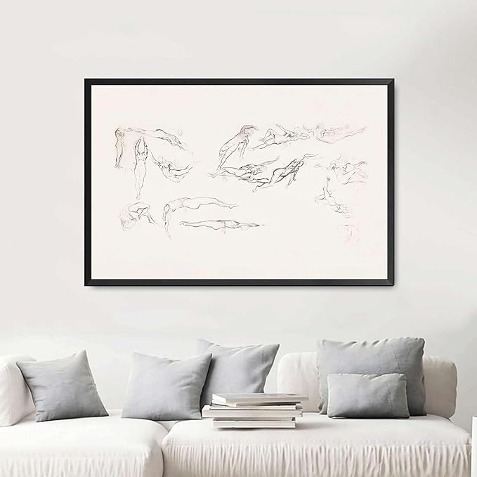 SENLYCH Canvas Painting Poster and Print Vintage Swimmer Art Sketch Beachy Wall Art Summer Home Decor Swimmer Neutral Art Print Modern Home and Bedroom Decoration 16x24inch Metal Frame