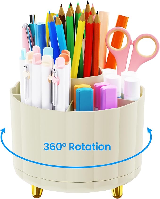 360 Degree Rotating Pen Holder for Desk, 6 Slots Desktop Organizer Caddy for Pens, Pencils, Markers, Multi-Functional Pencil Cup & Office Supplies Holder, Beige