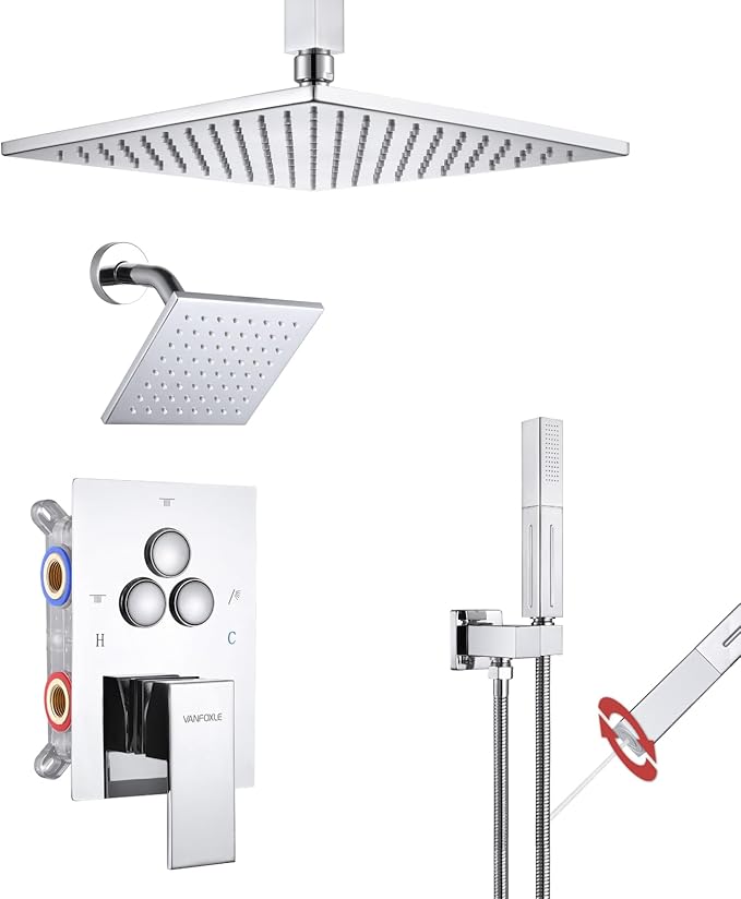 VANFOXLE Shower Faucet Set Chrome Shower System, Push Button Diverter Shower Faucet with Trim Kit, Ceiling Mount 10 Inch Shower Head Increased Thick, 6 Inch Side Shower Head, 2-in-1 Handheld