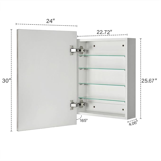 TEHOME 24'' x 30'' Brushed Nickel Recessed and Surface Mount Bathroom Nickel Medicine Cabinet with Mirror Square Cornered Metal Framed Rounded Rectangle Medicine Cabinet Mirror