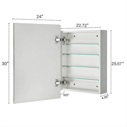 TEHOME 24'' x 30'' Brushed Nickel Recessed and Surface Mount Bathroom Nickel Medicine Cabinet with Mirror Square Cornered Metal Framed Rounded Rectangle Medicine Cabinet Mirror