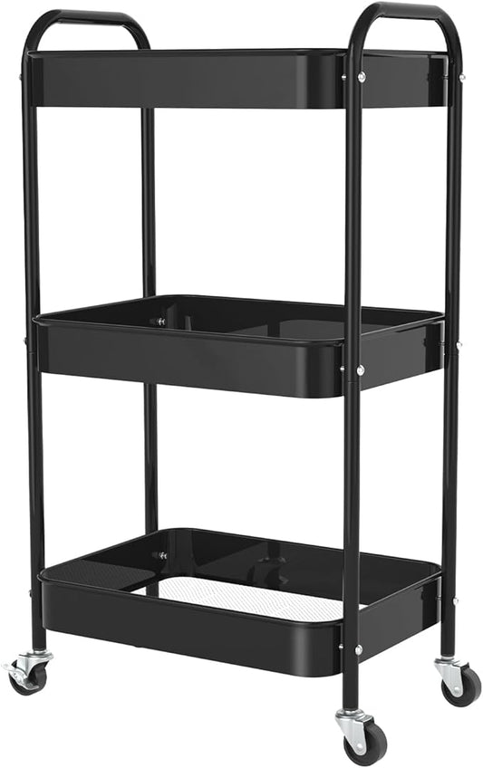 3-Tier Rolling Cart, Metal Utility Storage Carts with Wheels, Black | Multi-Functional Organizer Snack Cart Easy Assembly