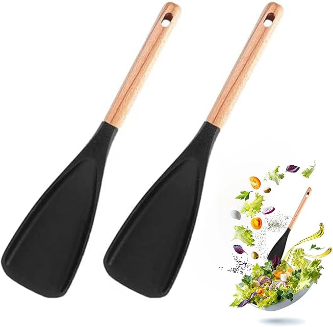 2Pcs Cedar and Ash Spoon, Multifunction Spatula Cooking Spoon, Heat Resistant Rubber Silicone Spatula Spoon with Wooden Handle, for Cooking, Serving, Stirring, Scooping, Scraping (Black)