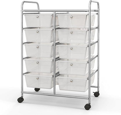 Giantex 10 Drawers Rolling Cart, Classroom Organizers, Storage Cart with Wheels, for Teacher Office Home School Supplies Tool Craft Art Paper, Clear White