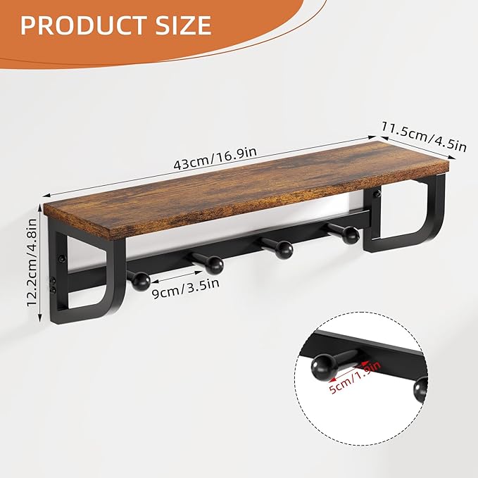 Coat Rack Wall Mount, Wood Wall Shelf with Hooks, Coat Hanger Wall Mount with 4 Metal Hooks, Wall Mounted Coat Rack Organizer for Entryway, Bedroom, Living Room, Room Decor, Brown 2 Pack