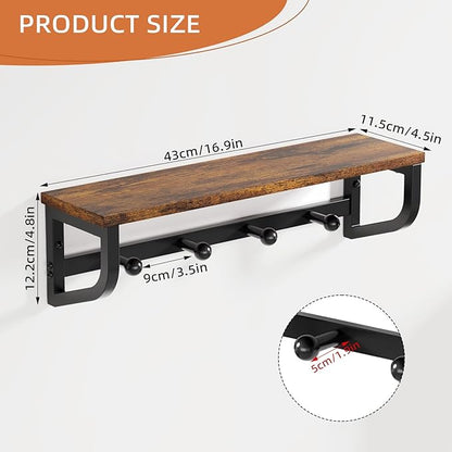 Coat Rack Wall Mount, Wood Wall Shelf with Hooks, Coat Hanger Wall Mount with 4 Metal Hooks, Wall Mounted Coat Rack Organizer for Entryway, Bedroom, Living Room, Room Decor, Brown 2 Pack