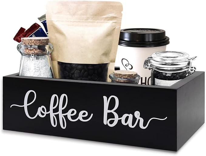 Coffee Station Organizer Coffee Bar Wood Countertop Accessories for Home Office Kitchen Countertop Organizer Condiment Station Storage Farmhouse Coffee Bar Decor 12"L x 6.6"W x 3.6"H, Black