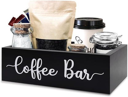 Coffee Station Organizer Coffee Bar Wood Countertop Accessories for Home Office Kitchen Countertop Organizer Condiment Station Storage Farmhouse Coffee Bar Decor 12"L x 6.6"W x 3.6"H, Black