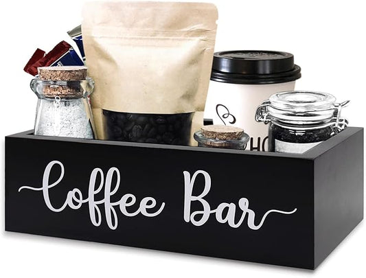 Coffee Station Organizer Coffee Bar Wood Countertop Accessories for Home Office Kitchen Countertop Organizer Condiment Station Storage Farmhouse Coffee Bar Decor 12"L x 6.6"W x 3.6"H, Black