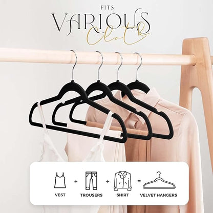 HOUSE DAY Black Velvet Hangers 120 Pack, Premium Clothes Non-Slip Felt Hangers, Sturdy Black Heavy Duty Coat Hanger, Durable Space Saving Suit Hanger, 360° Rotating Silver Hook