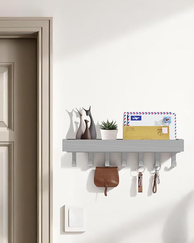 Key Holder Wall Mount Adhesive Magnetic - Hanging Key Hooks with Mail Organizer Tray for Wallet House Accessories - Keys Rack with Shelf for Camper Entryway Door Home Living Room Decor Grey Large