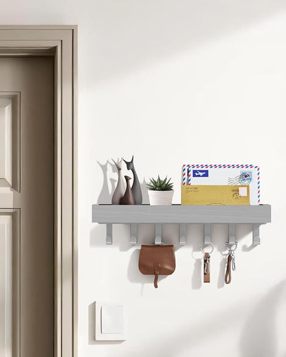 Key Holder Wall Mount Adhesive Magnetic - Hanging Key Hooks with Mail Organizer Tray for Wallet House Accessories - Keys Rack with Shelf for Camper Entryway Door Home Living Room Decor Grey Large