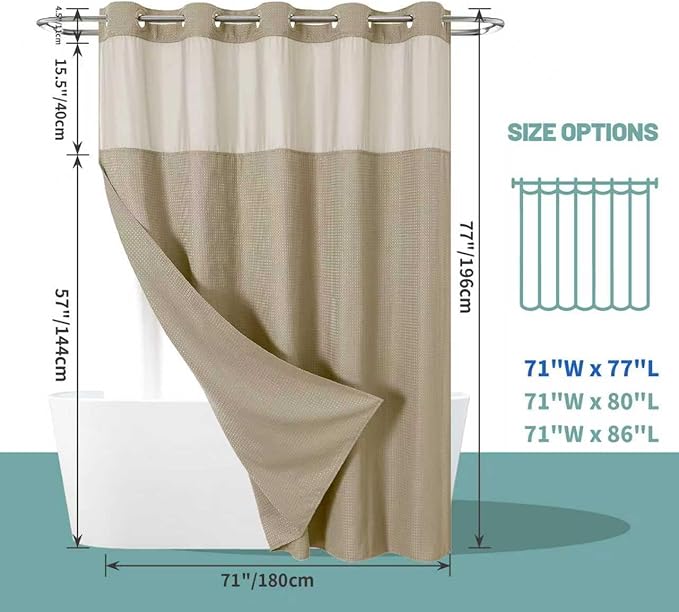 Khaki No Hook Waffle Weave Shower Curtain with snap-in Liner Replacement, 230GSM Waterproof Fabric Hotel Shower Curtain Set for Bathroom, Through Mesh Top Window,71Wx77H