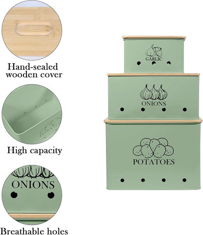 Kitchen Vegetable Storage Tins Set of 3 for Potato Onion & Garlic with Wooden Lid and Aerating Holes, Kitchen Storage Canisters Set, Vintage Kitchen Decor - Green