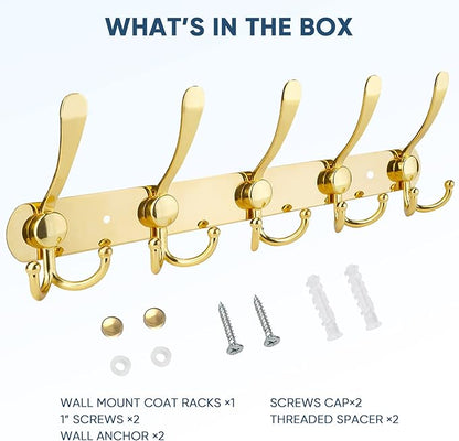 TICONN Wall Mounted Coat Rack, Five Heavy Duty Tri Hooks All Metal Construction for Jacket Coat Hat in Mudroom Entryway (Gold, 1-Pack)