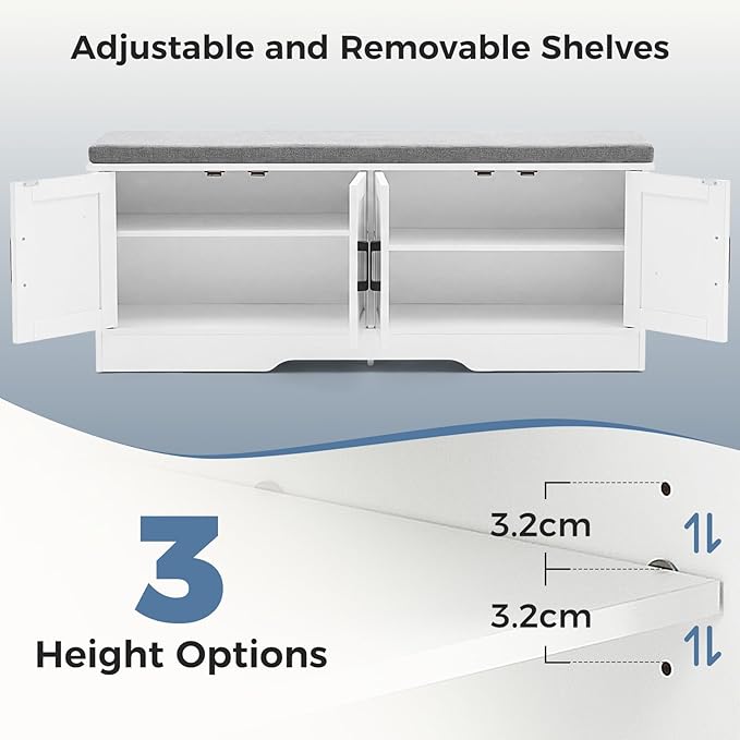 DUMOS Shoe Storage Bench, 47" Wide Shoe Organizer Cabinet with Padded Seat Cushion, 4 Doors, Adjustable Shelf for Entryway, Hallway, Bedroom, Living Room, White