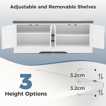 DUMOS Shoe Storage Bench, 47" Wide Shoe Organizer Cabinet with Padded Seat Cushion, 4 Doors, Adjustable Shelf for Entryway, Hallway, Bedroom, Living Room, White