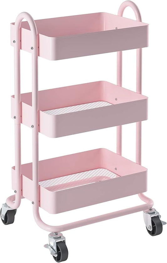 Metal Rolling Cart,3-Tier Pink Rolling Cart with Wheels,Metal Utility Cart with Wheels for Office,Home,Kitchen,Garden（13.4"x18.1"x31"） Pink