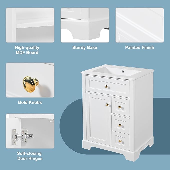 24'' Bathroom Vanity with Sink, MDF & Pinewood Construction, 3 Drawers & Cabinet with 2-Tier Door Storage Rack, Soft-Close Door & Drawers, Modern Design for Small to Medium Bathrooms, White