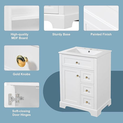 24'' Bathroom Vanity with Sink, MDF & Pinewood Construction, 3 Drawers & Cabinet with 2-Tier Door Storage Rack, Soft-Close Door & Drawers, Modern Design for Small to Medium Bathrooms, White
