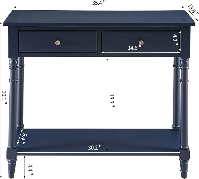 Solid Wood Console Table with 2 Drawers, 2-Tier 35.4" X 30" Accent Sofa Table with Multilayer Storage Shelf Rustic Hall Entryway Tables for Living Room Home Office-Blue