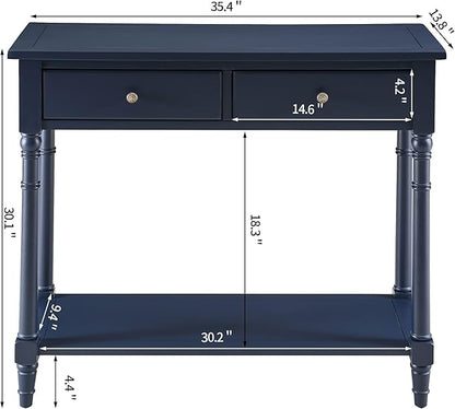 Solid Wood Console Table with 2 Drawers, 2-Tier 35.4" X 30" Accent Sofa Table with Multilayer Storage Shelf Rustic Hall Entryway Tables for Living Room Home Office-Blue