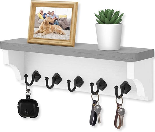Nekon Key Holder for Wall, 11.8" W x 3.5" H x 2.8" D Decorative Key Organizer with Floating Shelf, Wall Mount Key Rack with 5 Hooks (Gray)