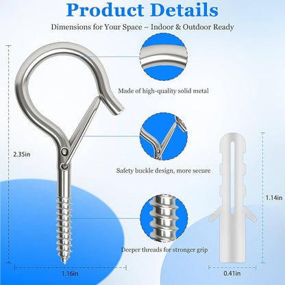 12 Pack Silver Screw Hooks with Safety Buckle - 2.3 Inch Rustproof Eye Ceiling Hooks for Hanging Plants,Outdoor String Lights,Baskets,Christmas Lights & Decor,40lb Capacity (12, Silver)