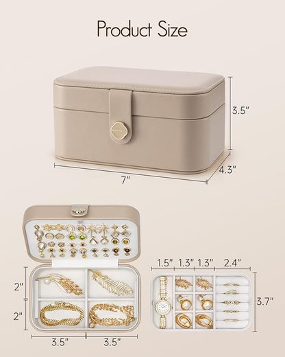 VLANDO Travel Jewelry Case, 2-Layer Jewelry Box, Portabel Travel Organizer for Necklaces, Earring, Bracelets, Ring, Watch - Large Capacity Travel Jewelry Storage - Toffee