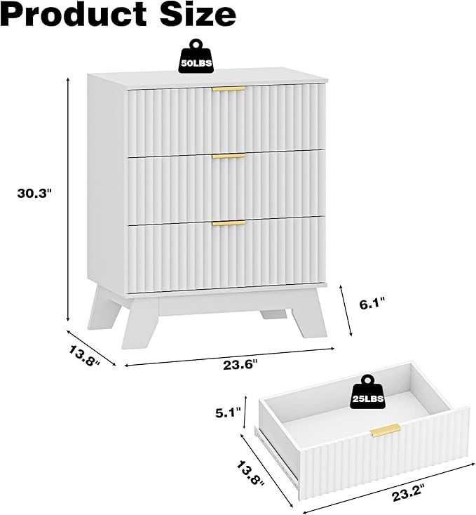 Fluted 3 Drawer Dresser for Bedroom, Mid Century Modern Beside Table with Metal Handle, Wooden Nightstand with 6 Drawers End Table for Living Room, Closet, Entryway, White