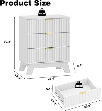 Fluted 3 Drawer Dresser for Bedroom, Mid Century Modern Beside Table with Metal Handle, Wooden Nightstand with 6 Drawers End Table for Living Room, Closet, Entryway, White