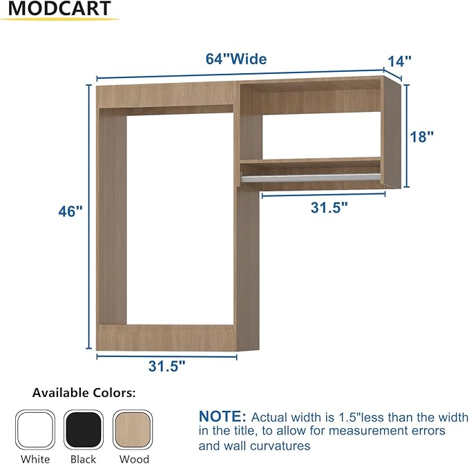 Modular Closet Organizer, 64" Wide Hanging System, Wood Tower Storage for Walk In & Bedroom Closets, Wall Mounted Wardrobe Organizer