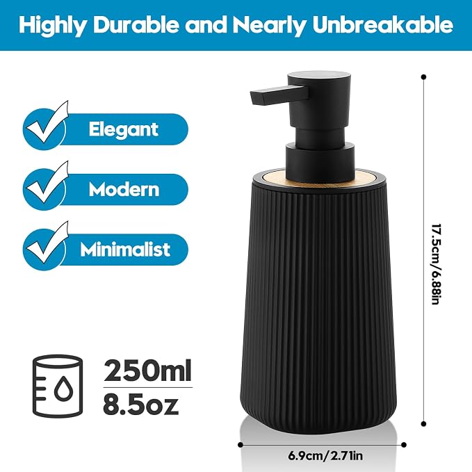 Small Soap Dispenser for Bathroom and Kitchen, Modern Farmhouse Striped Style Plastic Hand Soap Dish Soap Dispenser with Bamboo Decor Black