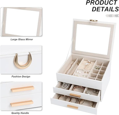 Jewelry Storage Box for 150+ Items - Features a Mirror, Smooth Gliding Drawers, and Non-Slip Earring Pads for Maximum Organization White