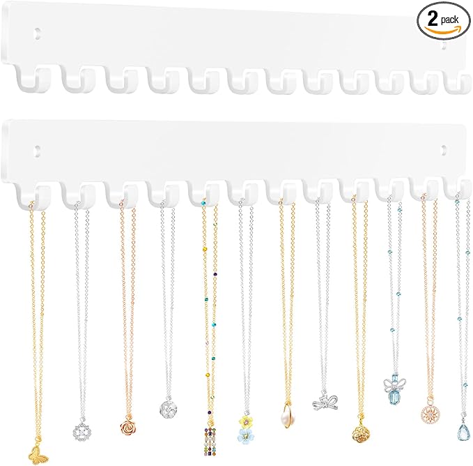 Acrylic Necklace Holder 2 Pack Wall Mounted Necklace Organizer Hanging Jewelry Organizer with 12 Hooks for Necklaces, Bracelets, Rings and Bangles Display（White）