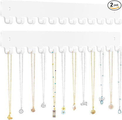 Acrylic Necklace Holder 2 Pack Wall Mounted Necklace Organizer Hanging Jewelry Organizer with 12 Hooks for Necklaces, Bracelets, Rings and Bangles Display（White）