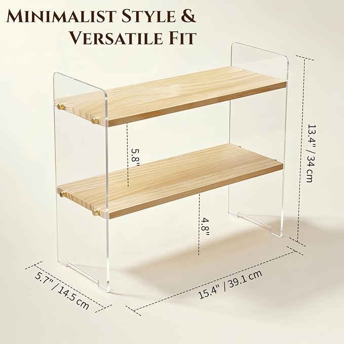 Coffee Station Organizer 2 Tier, Solid Wood Mug Shelf for Coffee Bar,Matcha Station,Tea Storage - Holds Mugs,Beans,Syrup,Cups,Tirrers (Transparent Acrylic, 15.4" L x 5.7" W x 13.4" H)