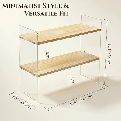 Coffee Station Organizer 2 Tier, Solid Wood Mug Shelf for Coffee Bar,Matcha Station,Tea Storage - Holds Mugs,Beans,Syrup,Cups,Tirrers (Transparent Acrylic, 15.4" L x 5.7" W x 13.4" H)