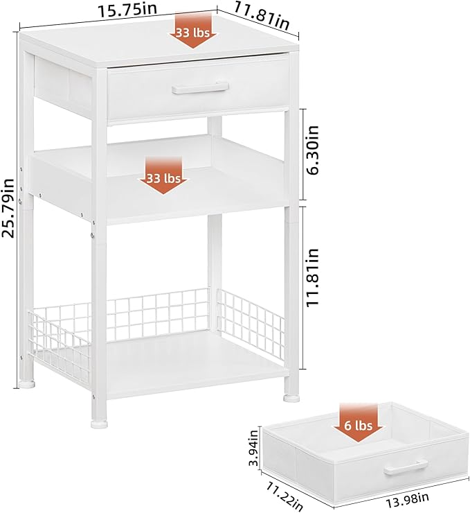 Lerliuo White Printer Stand with Fabric Drawer, 3 Tier Industrial Side Table, Modern Small Printer Desk Holder with Storage Shelf,Multi-Functional Bedside Tables for Home Office Fax Machine Scanner