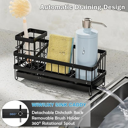 WIWIUXY Sponge Holder for Kitchen Sink, Sink Caddy with High Brush Holder, Organzier Rustproof 304 Stainless Steel Dish Organizer Wall Mount, Soap Dispenser Storage